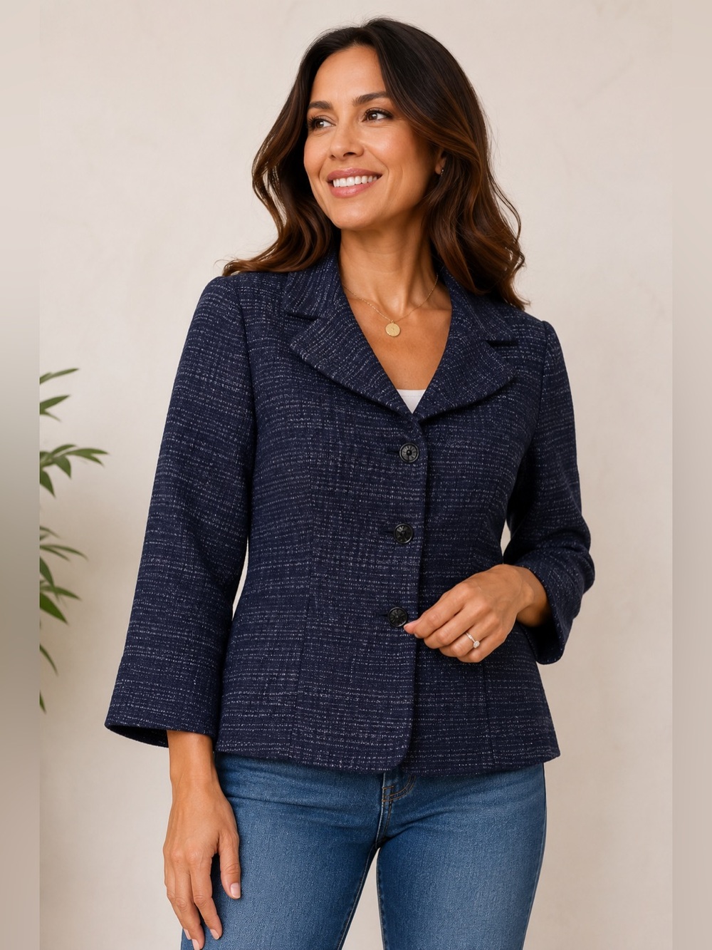 Tahari Arthur S Levine Navy Tweed Blazer Size 10 Tailored Career Business Jacket
